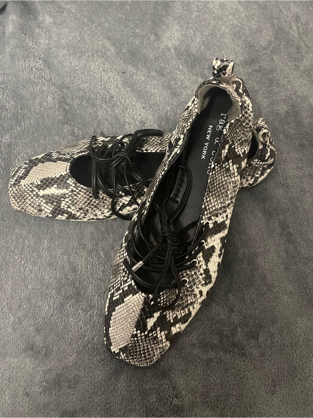rag & bone Black and White Snake-Print Lace-Up Ballet Flats
